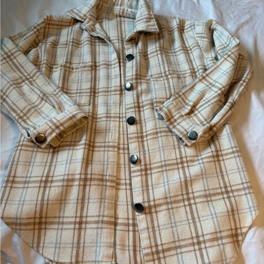 Plaid Button-Up Shacket in Cream and Brown